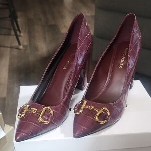 Marc Fisher Burgundy Croc-Embossed Pointed Toe Pumps with Gold Horsebit New!